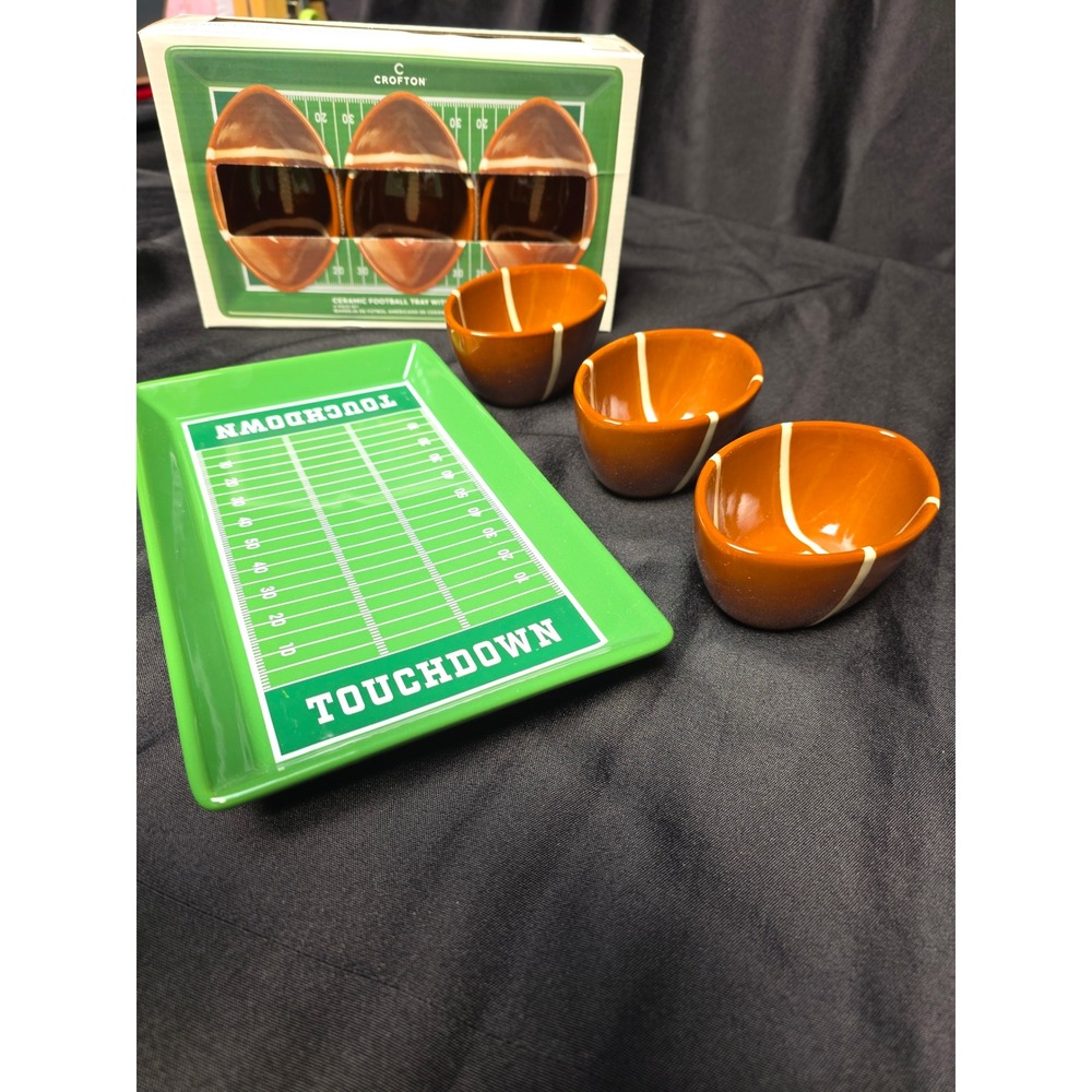 Crofton Ceramic Football Tray with 3 Bowls 4 Piece Set Green Brown Stoneware
